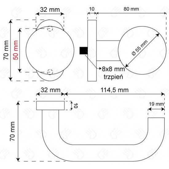 Manere usi + buton fix Rondo (Jowisz) inox rozeta ovala yala